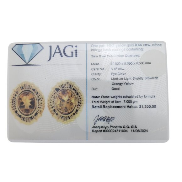 14 Karat Yellow Gold and Citrine Omega Back Earrings #19733 - Picture 8 of 8